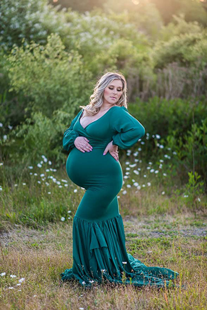 Stretch Pink Mermaid Maternity Dresses Photoshoot Puffy Sleeves