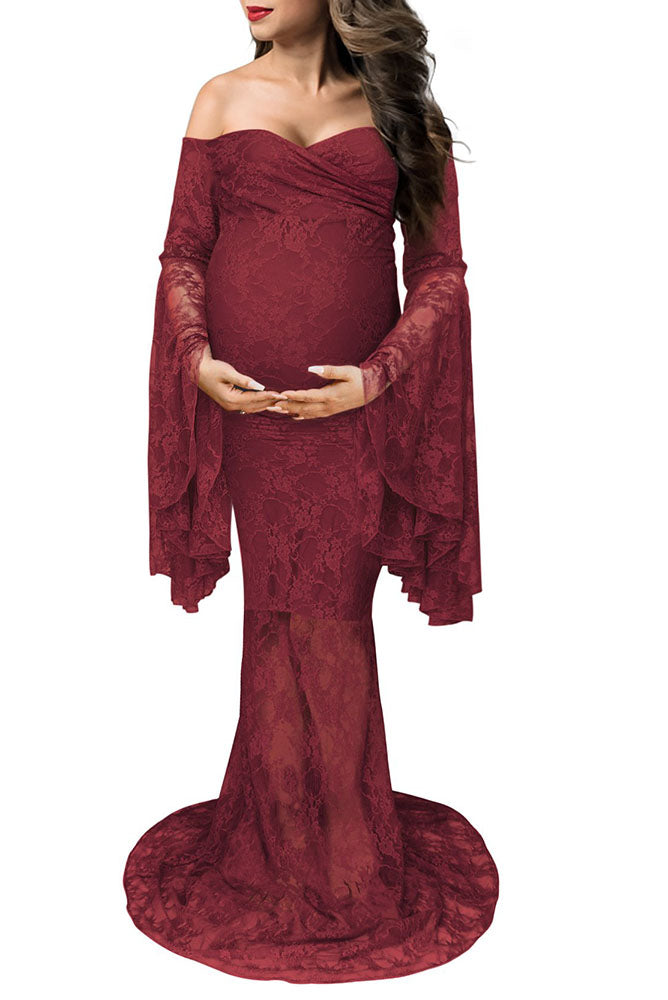 Bell-Sleeve Open Lace Maternity Gown