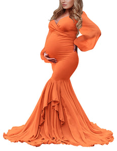 Saslax Long Chiffon Sleeve Tired Mermaid Maternity Gown Dress