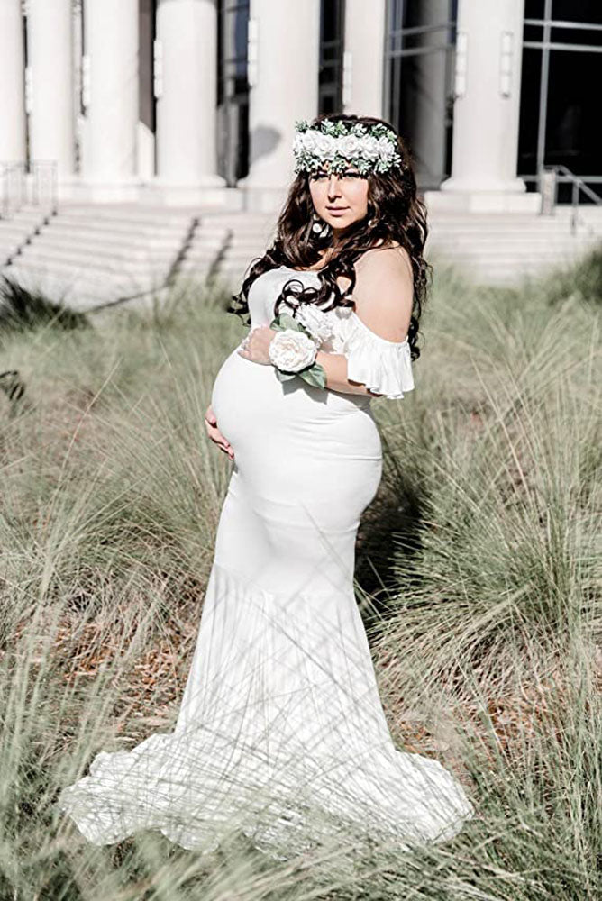 white mermaid maternity dress White Lace Mermaid Maternity Wedding Dress, White / XL