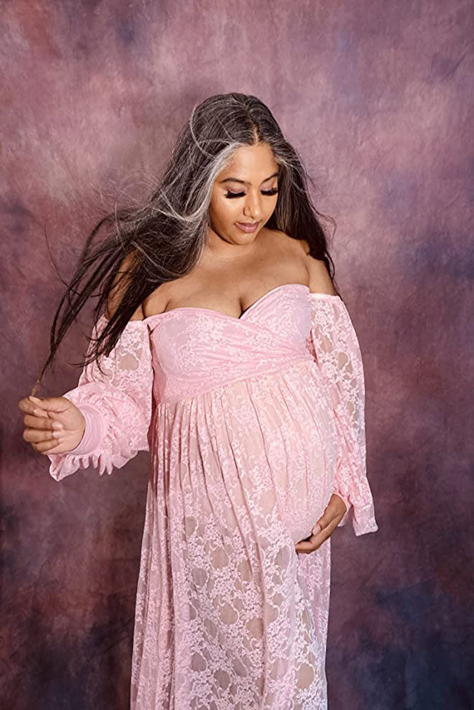 Women's Off Shoulder Ruffle Sleeve Lace Maternity Gown Maxi Photography  Dress (Peach Pink, Small) at Amazon Women's Clothing store