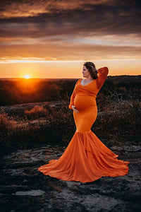 Saslax Maternity Gown Chiffon Long Sleeve Tired Mermaid Dress