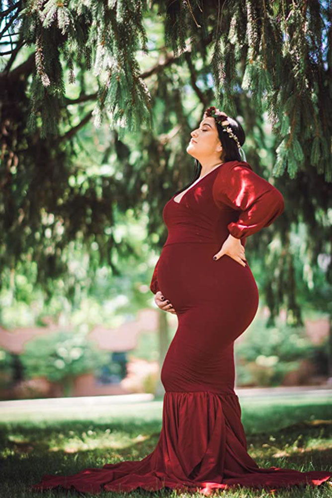 burgundy maternity dress for photoshoot White/Burgundy V-neck Cloud 30CM Train Maternity Dress For Photoshoot 20W / Custom Color main image 0