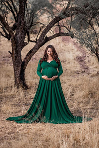 Saslax green maternity gown for photoshoot