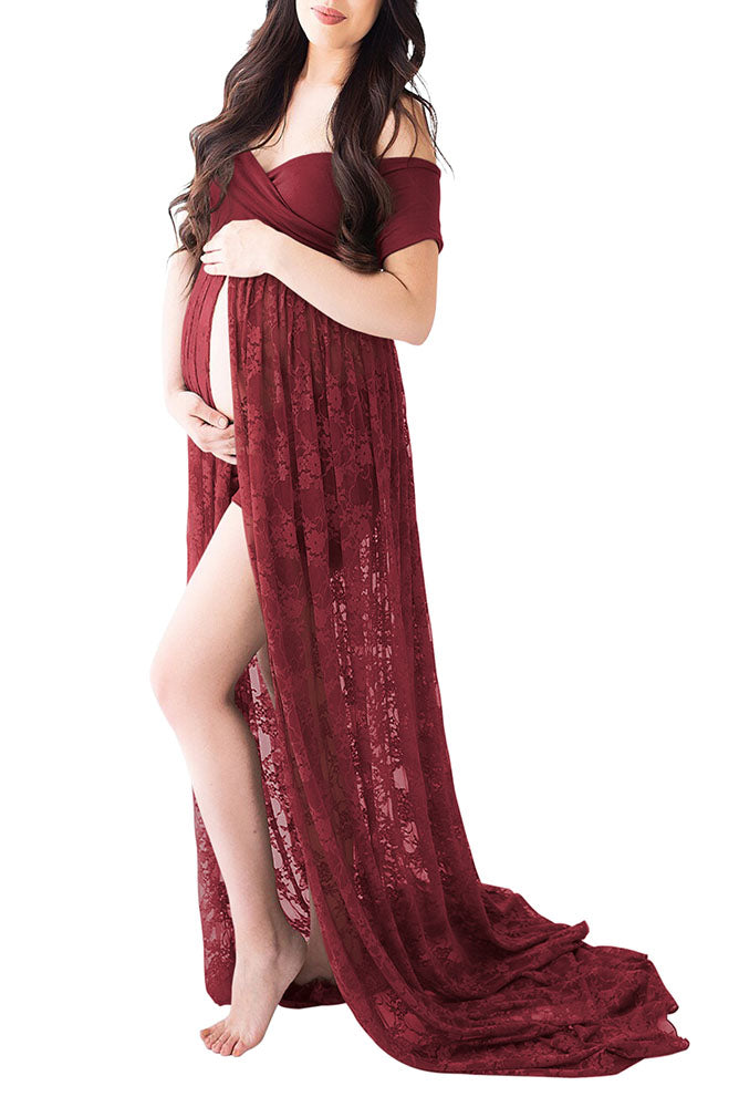 Saslax Maternity Gown Lace off shoulders Dress for Photoshoot