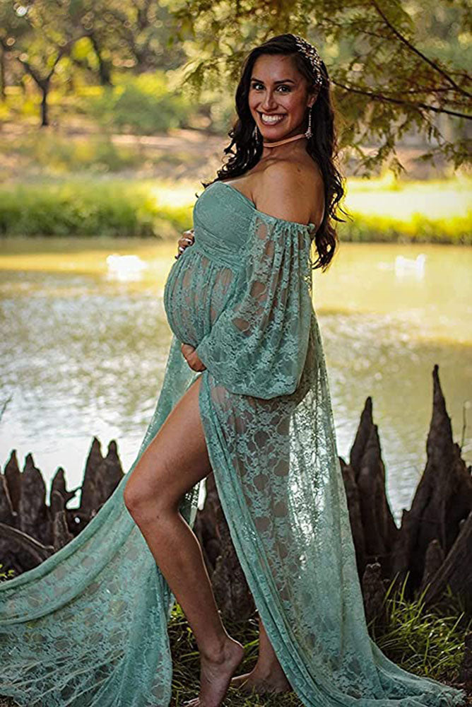 Women's Lace Off-Shoulder Long Maternity Dress Solid Color Lace